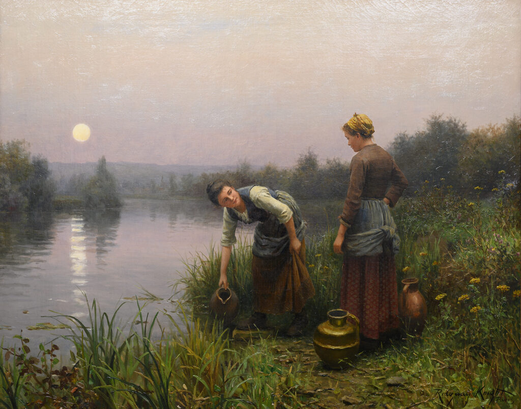 two woman by a river in moonlight