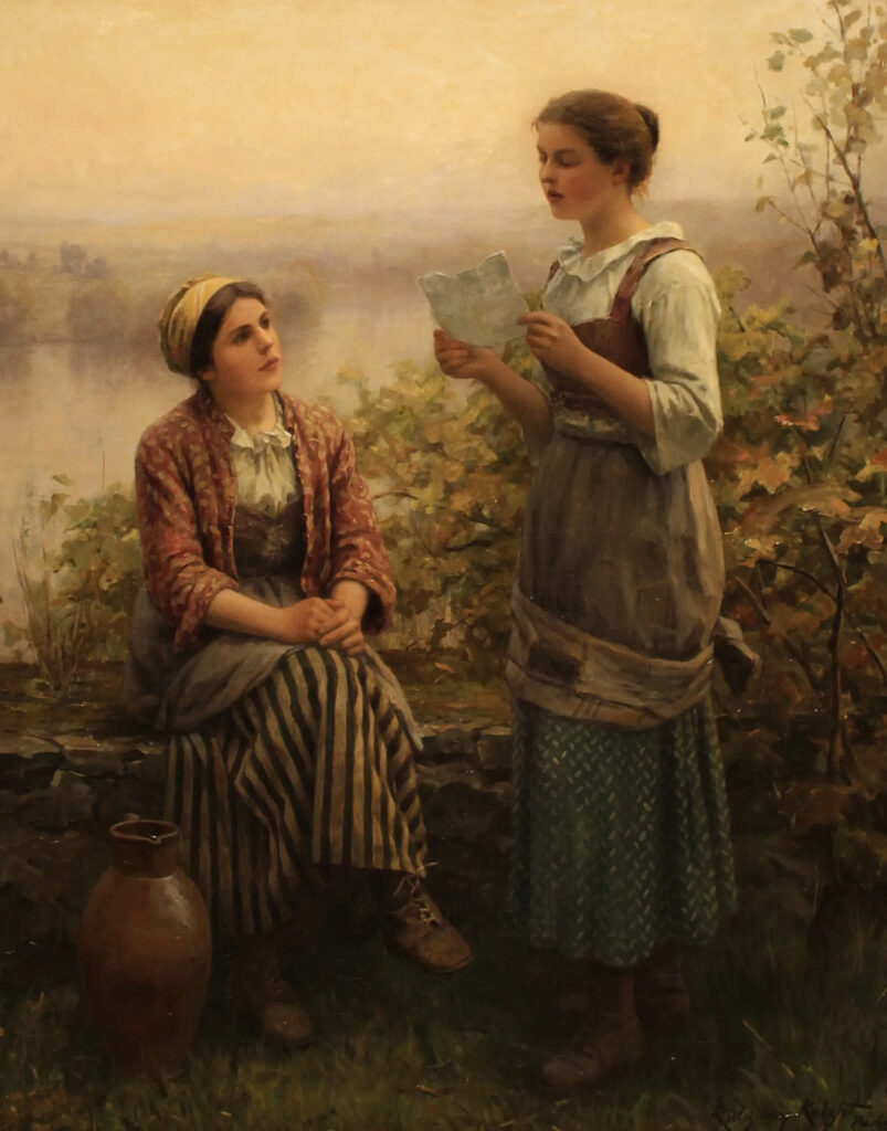 two women in a garden with one reading a letter