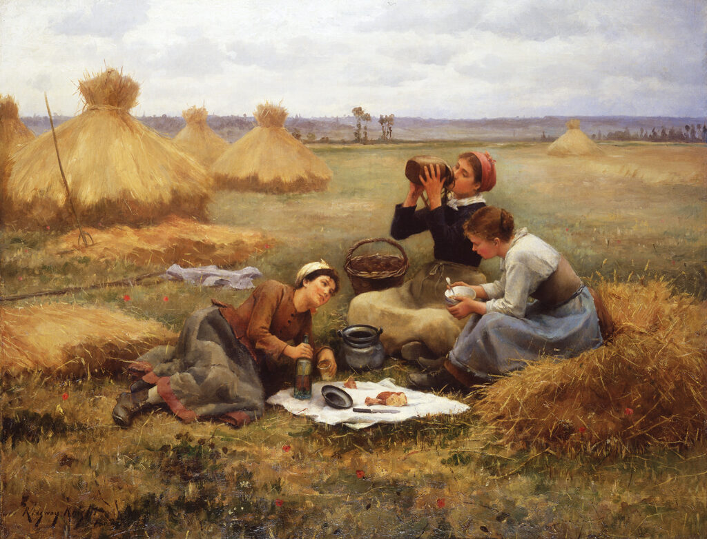 Three women in a field having lunch by Daniel Ridgway Knight