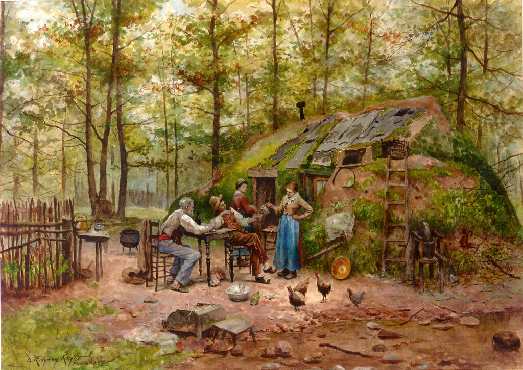 people seated outside a country cottage