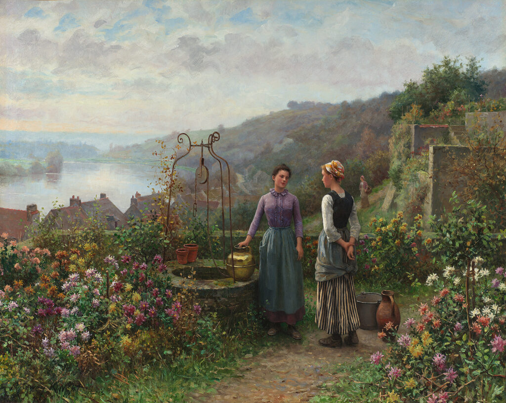 Three woman in a landscape with two of them by a well