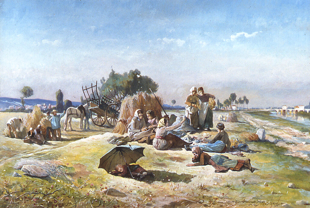 large number of people having lunch in the wheat field